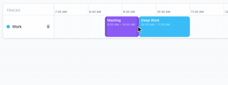 Resizing a Deep Work block and pushing the adjacent Meeting block
